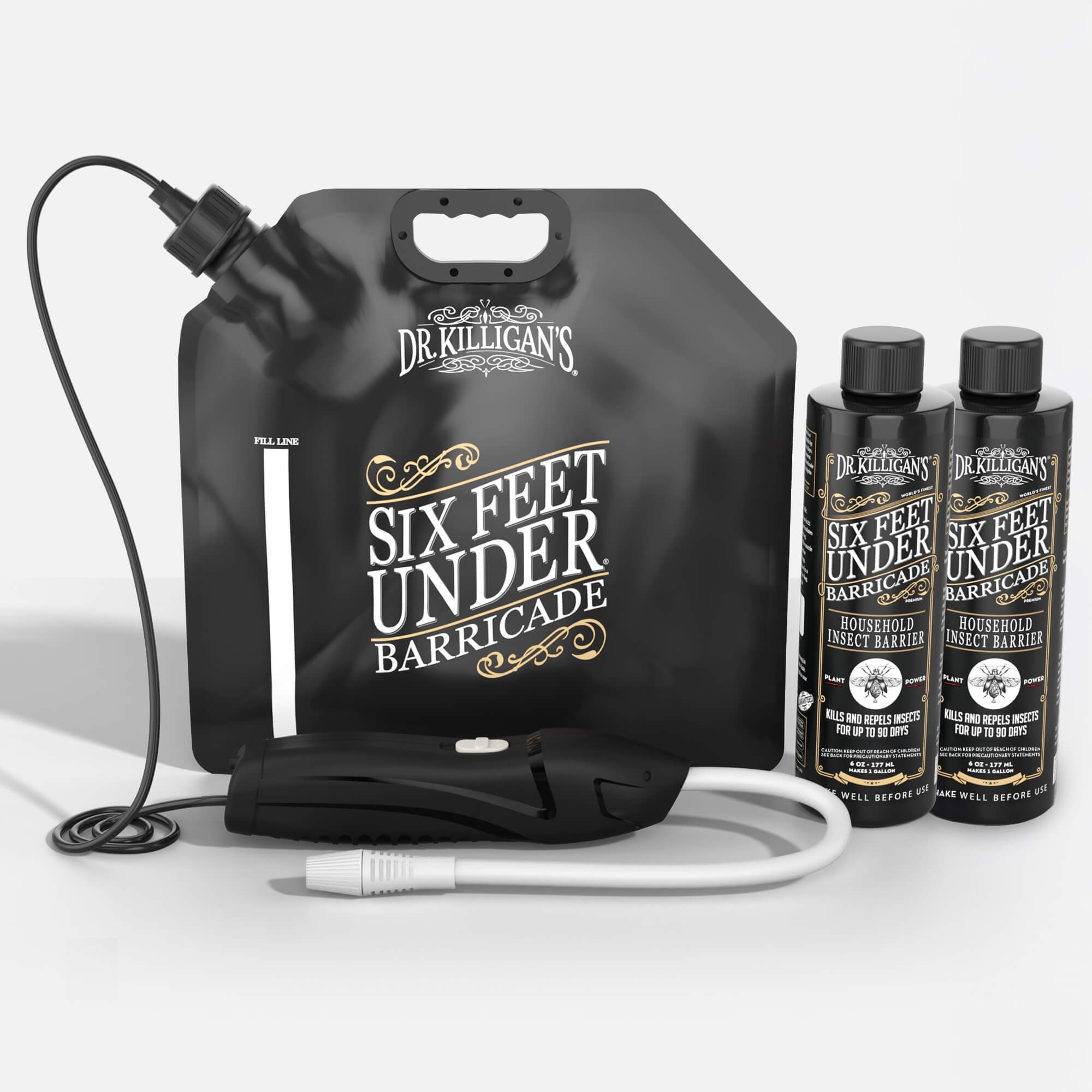 Dr. Killigan's Six Feet Under Barricade product with black tank and bottles on a white background #household size_up to 5000 sq ft