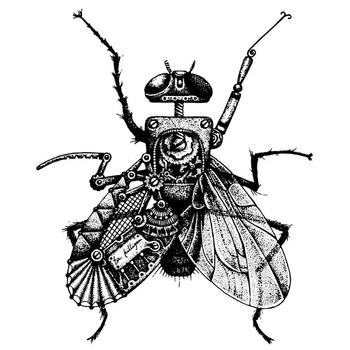 Dr. Killigan's drawing of steampunk house fly for fly traps and fly swatter.