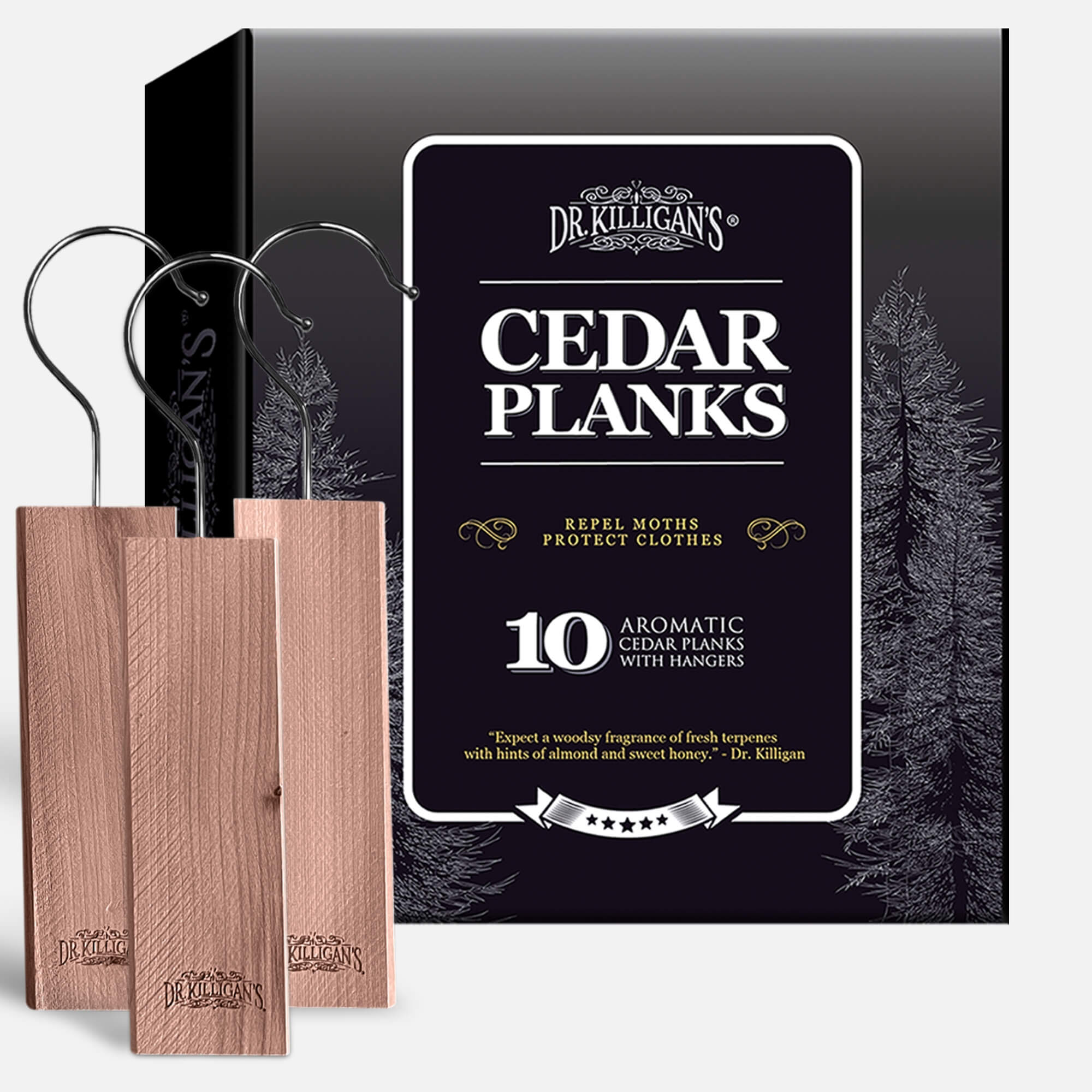 Dr. Killigan's Cedar Planks packaging with wooden planks and hangers on a white background #multipacks_10 planks