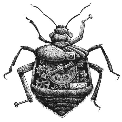 Dr. Killigan's drawing of steampunk bed bug for insect killing tools.